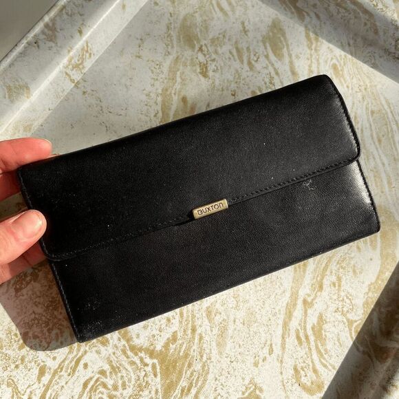 Vintage Buxton Black Leather Wallet with Kisslock Coin Pocket, 4" x 7.25" x 1" - Picture 1 of 8